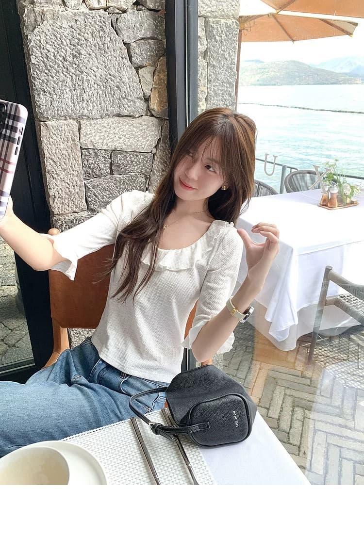 한 부서 화이트 u 칼라 프릴 디자인 중간 소매 티셔츠 여성 여름 먼저 봐 핫걸 쇼트 스타일 몸매 가꾸기 품격 맨위 상세 이미지 14