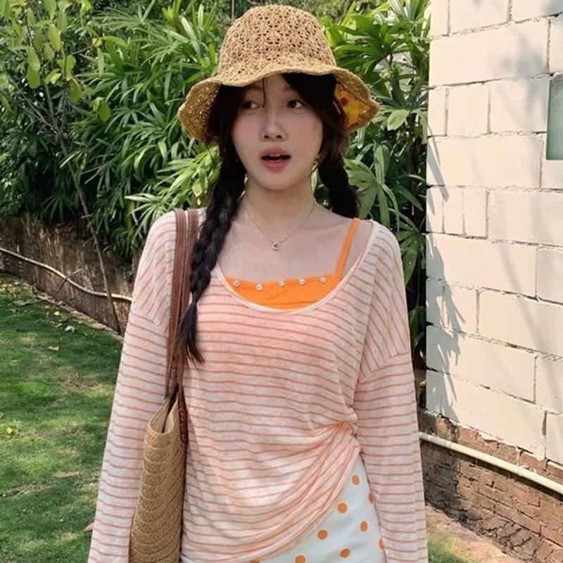 순수한 욕망 바람 긴팔 티셔츠 여성 투피스 세트 새로운 여름 루즈핏 블라우스 스트라이프 기본 셔츠 느긋한 바람 핫걸 맨위 이미지 4