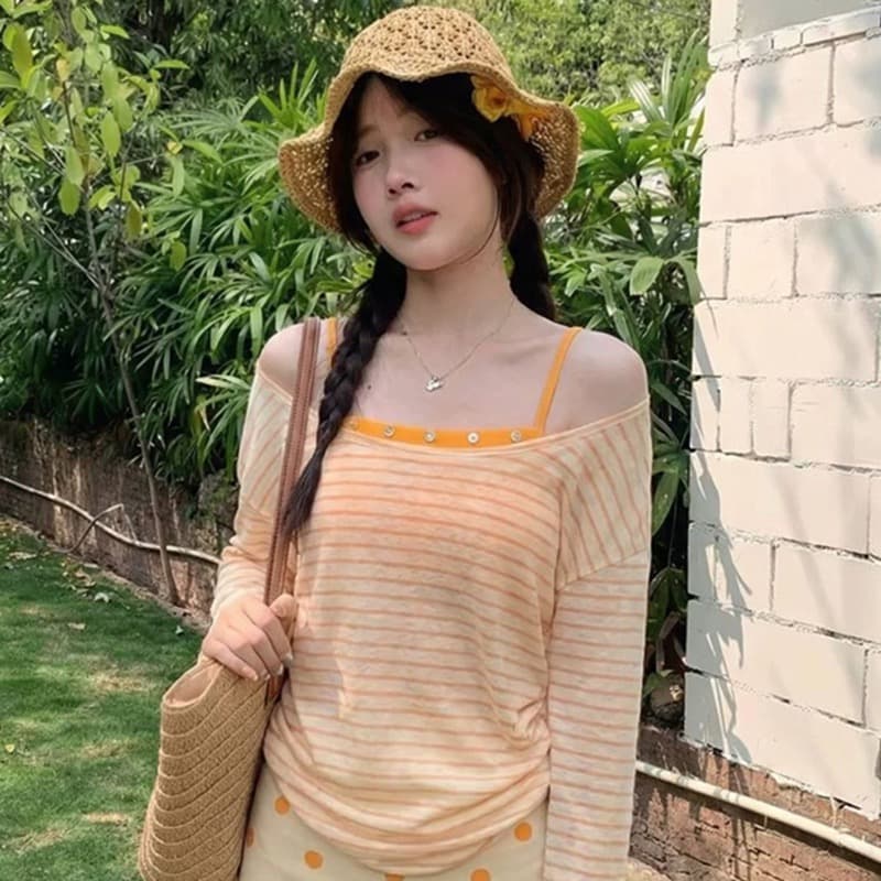 순수한 욕망 바람 긴팔 티셔츠 여성 투피스 세트 새로운 여름 루즈핏 블라우스 스트라이프 기본 셔츠 느긋한 바람 핫걸 맨위 상세 이미지 1