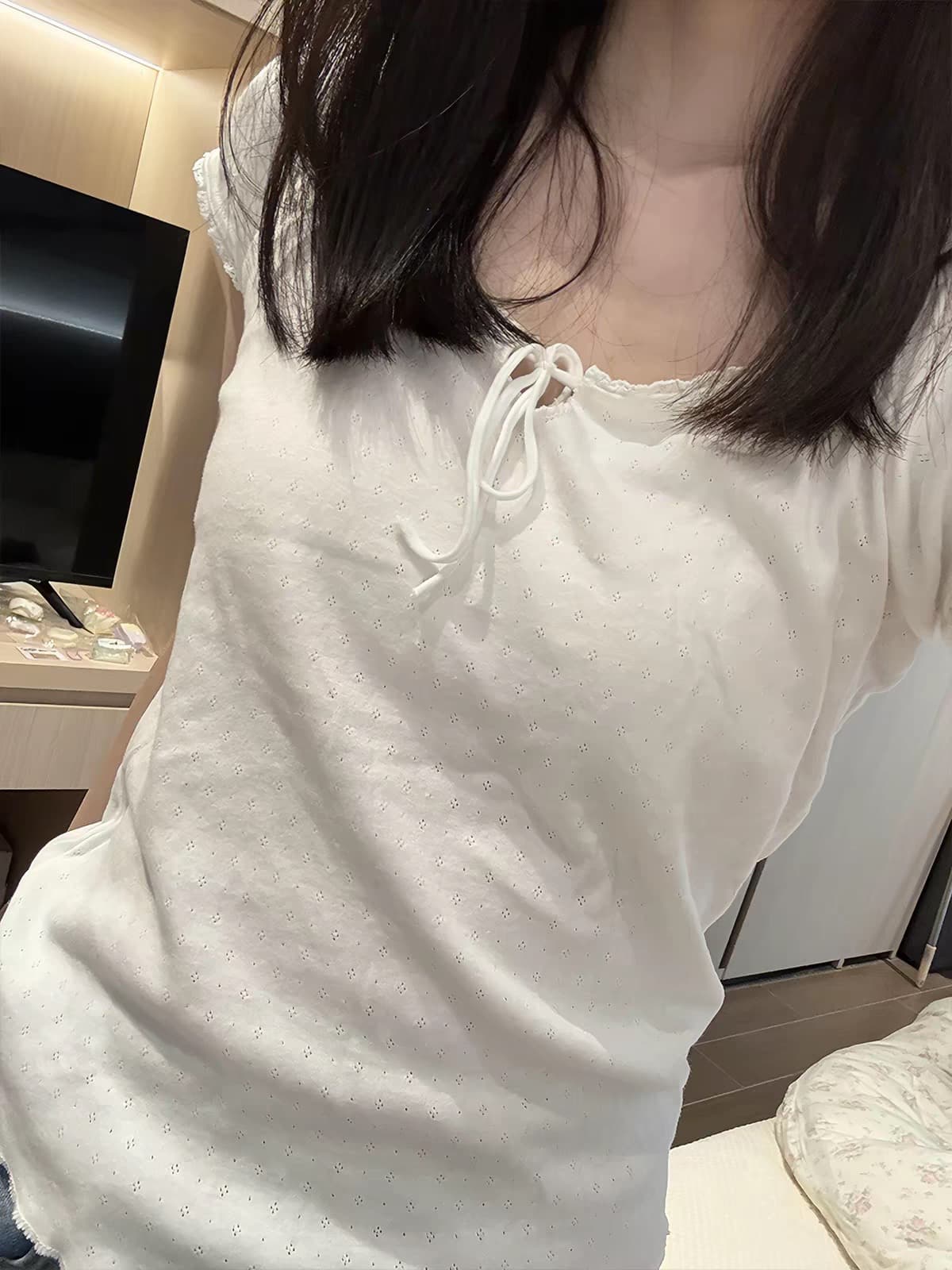 아름다운 광저우 원단 사람들 면 자카드 240 그램 한 부서 레트로 레이스 레이스 레이스업 반팔 티셔츠 여성 이미지 3
