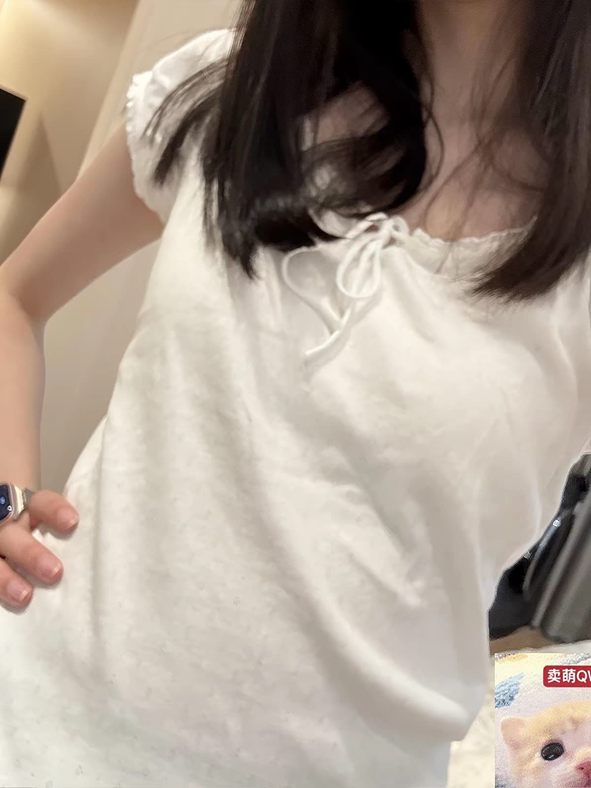 아름다운 광저우 원단 사람들 면 자카드 240 그램 한 부서 레트로 레이스 레이스 레이스업 반팔 티셔츠 여성 상세 이미지 8