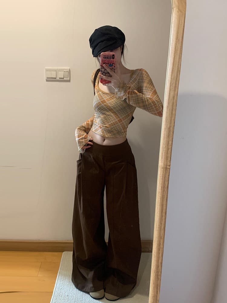 아메리칸 핫걸 체크무늬 망사 u 칼라 긴팔 티셔츠 여성 이른 가을 고급 센스 몸매 가꾸기 슬림해 보이는 인사이드 가져 가라. 기본 셔츠 맨위 이미지 4