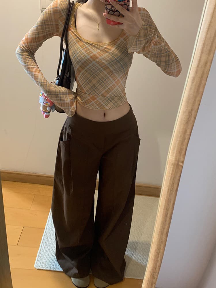아메리칸 핫걸 체크무늬 망사 u 칼라 긴팔 티셔츠 여성 이른 가을 고급 센스 몸매 가꾸기 슬림해 보이는 인사이드 가져 가라. 기본 셔츠 맨위 상세 이미지 3