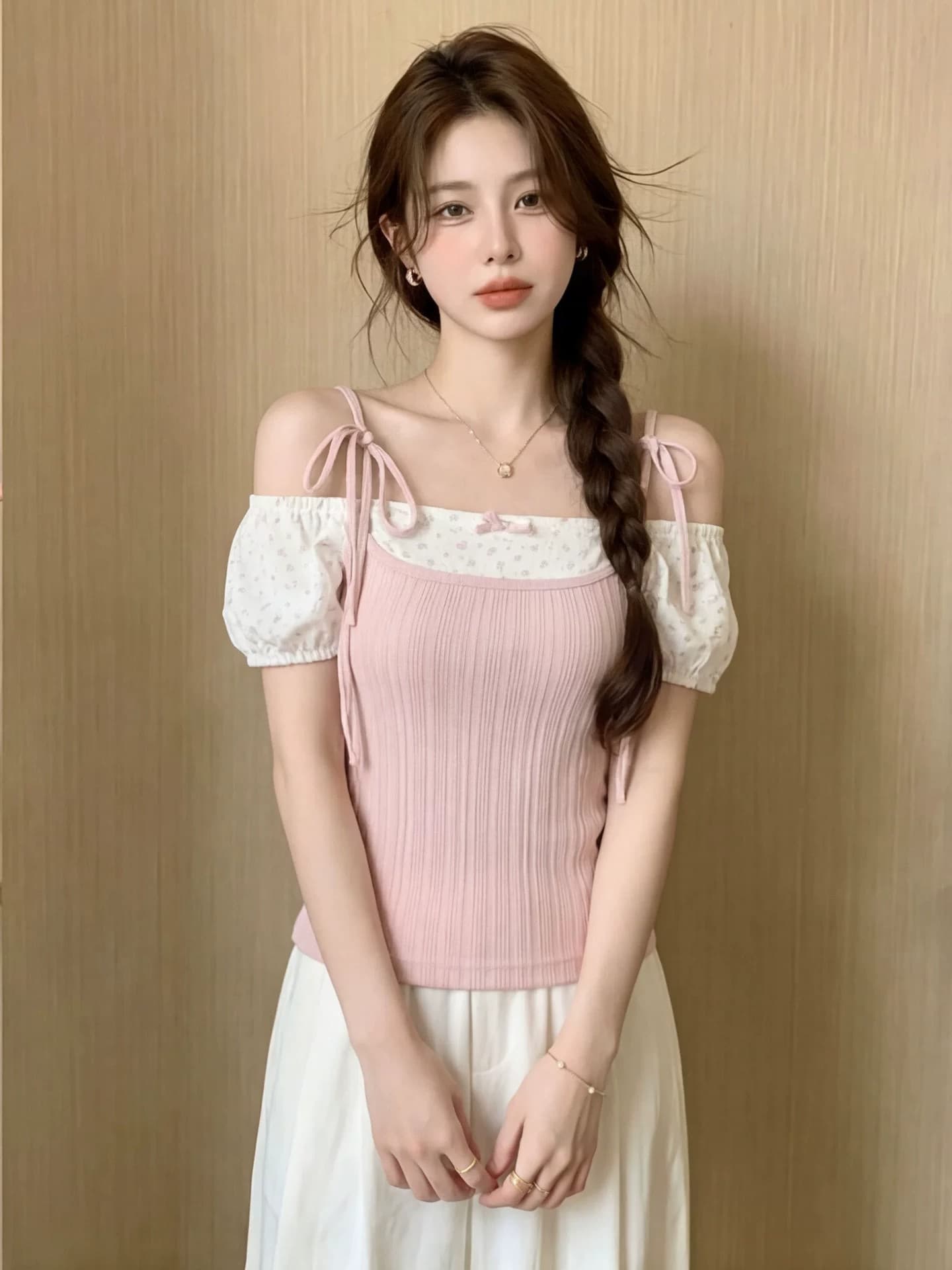 원본 원단 솜씨 핑크색 페이크 레이어드 반팔 티셔츠 맨위 여성 여름 꽃무늬 디자인 센스 몸매 가꾸기 슬림해 보이는 이미지 3