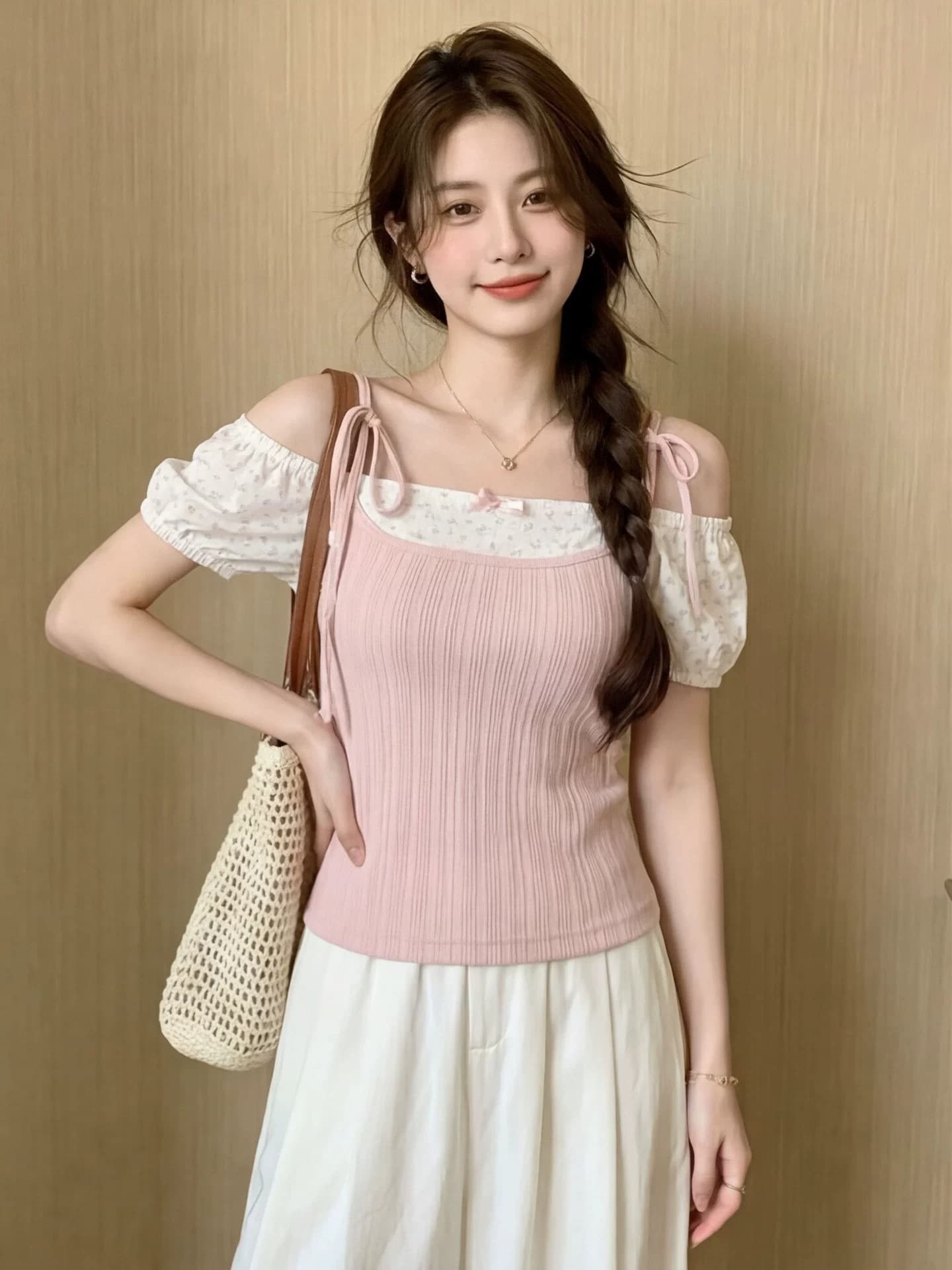 원본 원단 솜씨 핑크색 페이크 레이어드 반팔 티셔츠 맨위 여성 여름 꽃무늬 디자인 센스 몸매 가꾸기 슬림해 보이는