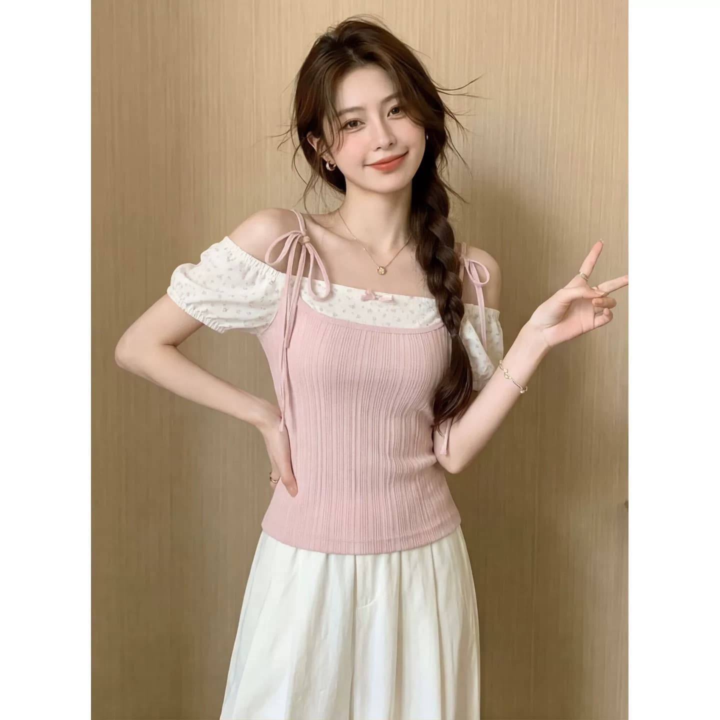 원본 원단 솜씨 핑크색 페이크 레이어드 반팔 티셔츠 맨위 여성 여름 꽃무늬 디자인 센스 몸매 가꾸기 슬림해 보이는 이미지 2