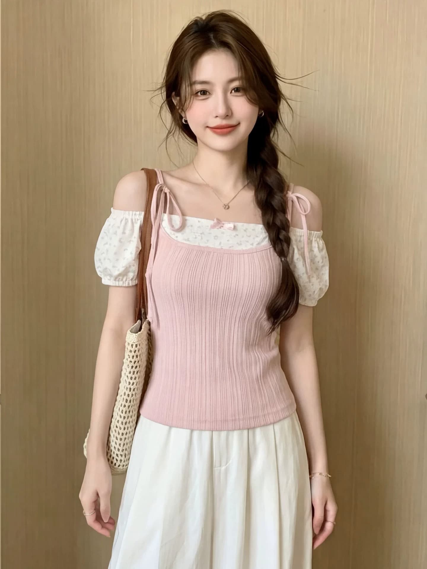 원본 원단 솜씨 핑크색 페이크 레이어드 반팔 티셔츠 맨위 여성 여름 꽃무늬 디자인 센스 몸매 가꾸기 슬림해 보이는 상세 이미지 5
