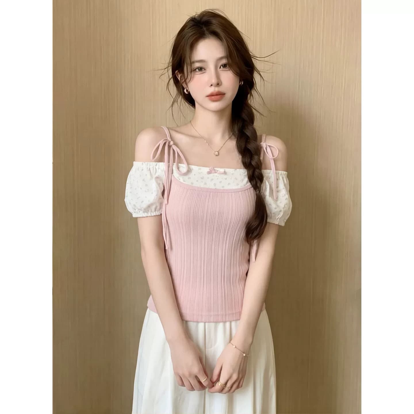 원본 원단 솜씨 핑크색 페이크 레이어드 반팔 티셔츠 맨위 여성 여름 꽃무늬 디자인 센스 몸매 가꾸기 슬림해 보이는 상세 이미지 6