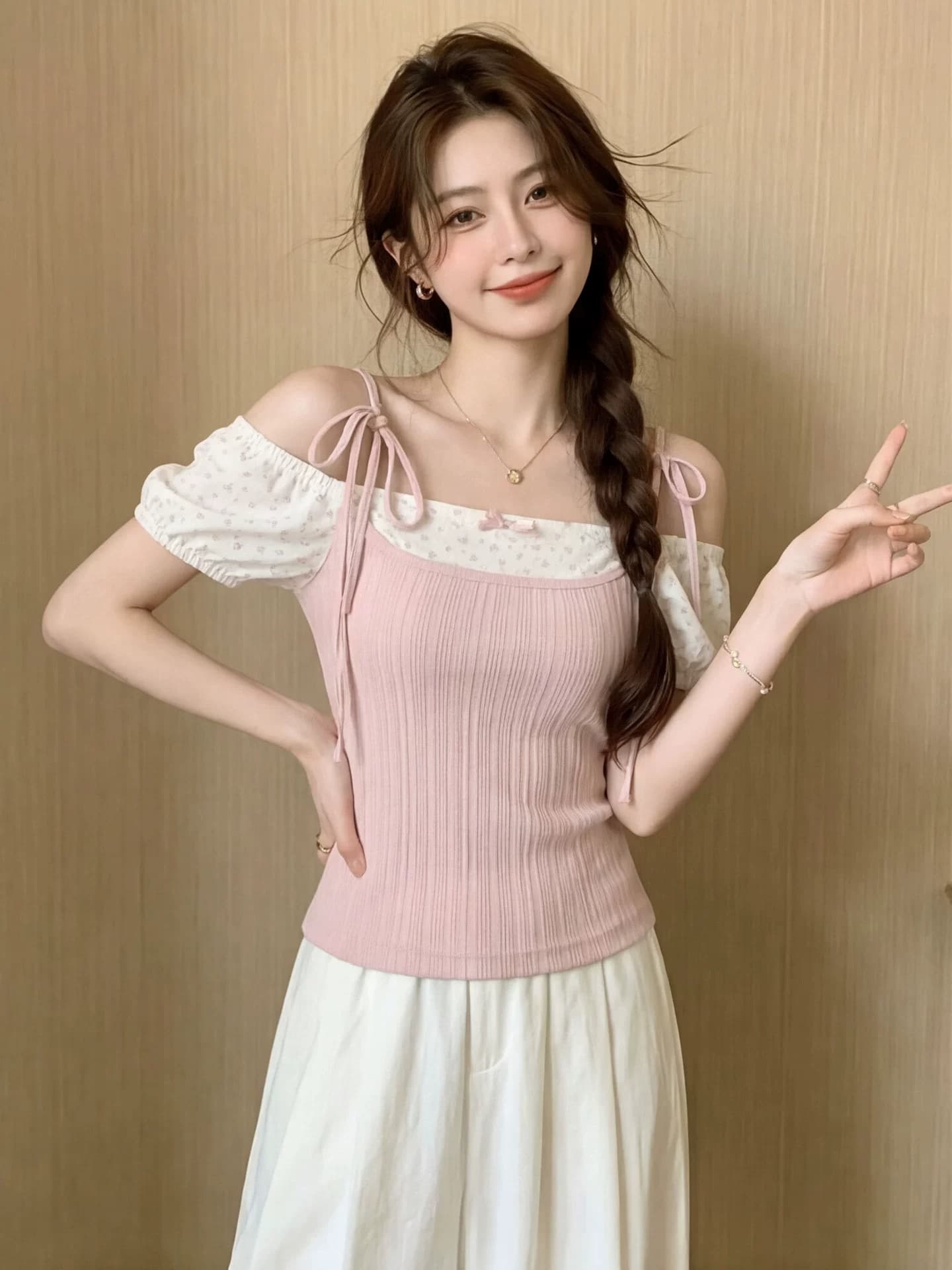 원본 원단 솜씨 핑크색 페이크 레이어드 반팔 티셔츠 맨위 여성 여름 꽃무늬 디자인 센스 몸매 가꾸기 슬림해 보이는 상세 이미지 7