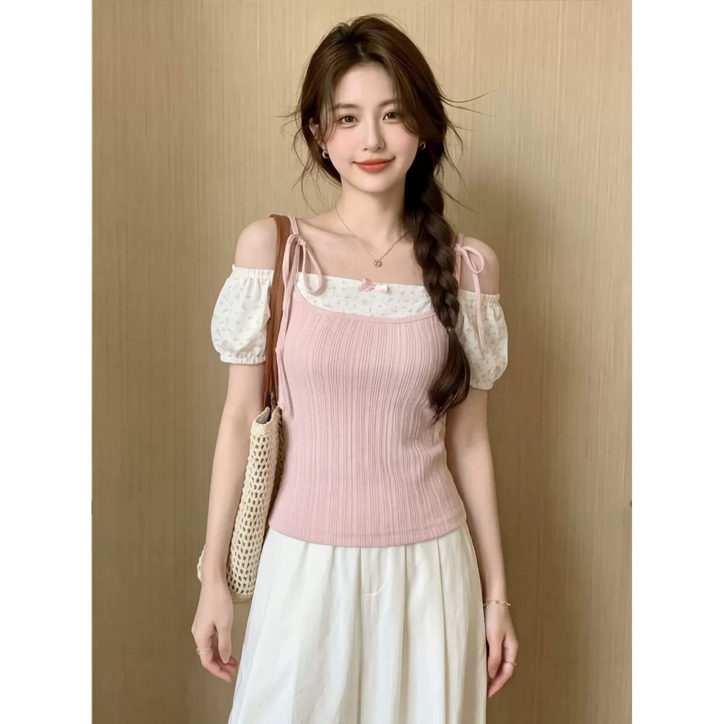 원본 원단 솜씨 핑크색 페이크 레이어드 반팔 티셔츠 맨위 여성 여름 꽃무늬 디자인 센스 몸매 가꾸기 슬림해 보이는 상세 이미지 8