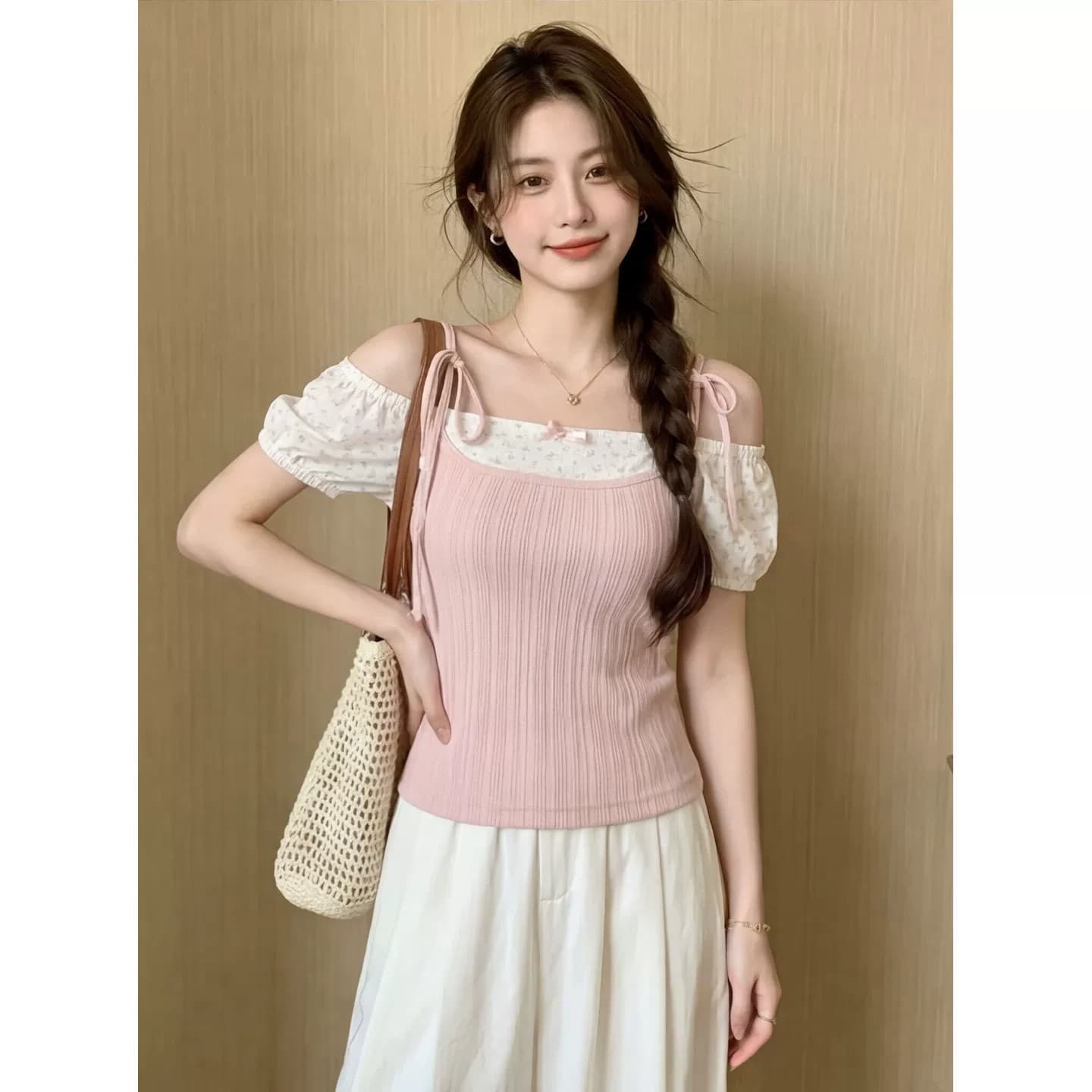 원본 원단 솜씨 핑크색 페이크 레이어드 반팔 티셔츠 맨위 여성 여름 꽃무늬 디자인 센스 몸매 가꾸기 슬림해 보이는 상세 이미지 9