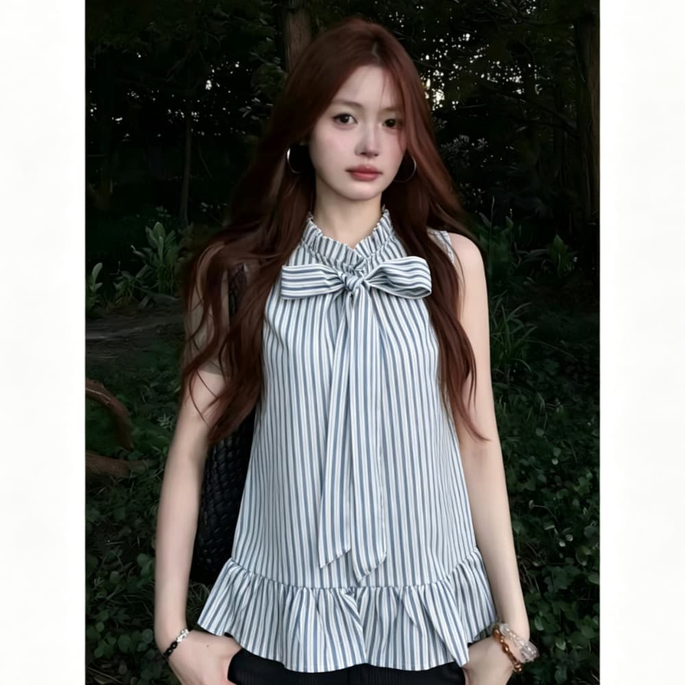 한 부서 출퇴근 스트라이프 행침 목 민소매 여성 셔츠 나비 넥타이 프릴 루즈핏 슬림해 보이는 여름 맨위 상세 이미지 2