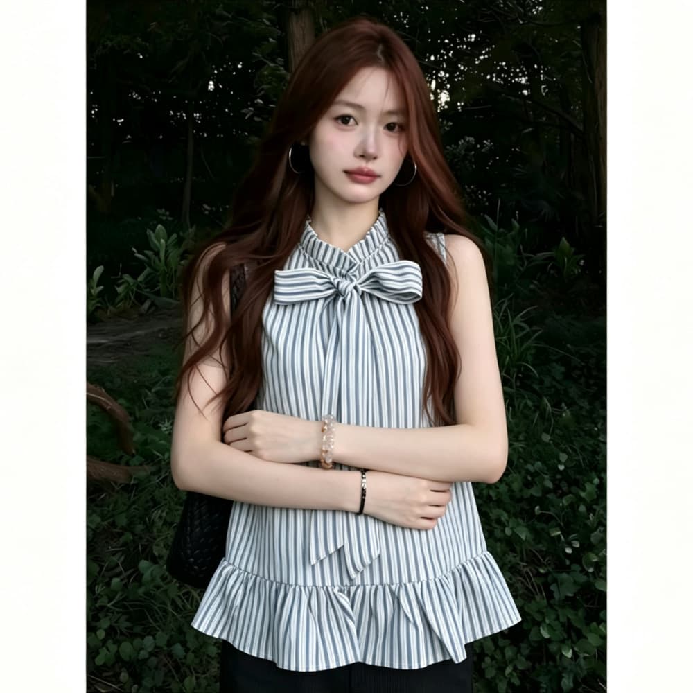한 부서 출퇴근 스트라이프 행침 목 민소매 여성 셔츠 나비 넥타이 프릴 루즈핏 슬림해 보이는 여름 맨위 상세 이미지 9