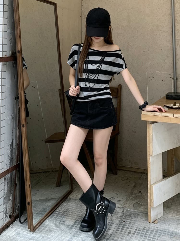 32 순면 레트로 스트라이프 목걸이 프린트 비스듬한 어깨 티셔츠 여성 여름 슬림해 보이는 반팔 허리 수축 슬림해 보이는 오프숄더 맨위 상세 이미지 4