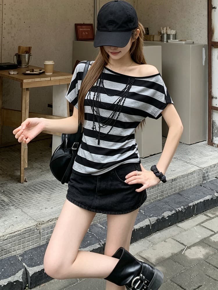 32 순면 레트로 스트라이프 목걸이 프린트 비스듬한 어깨 티셔츠 여성 여름 슬림해 보이는 반팔 허리 수축 슬림해 보이는 오프숄더 맨위 상세 이미지 5