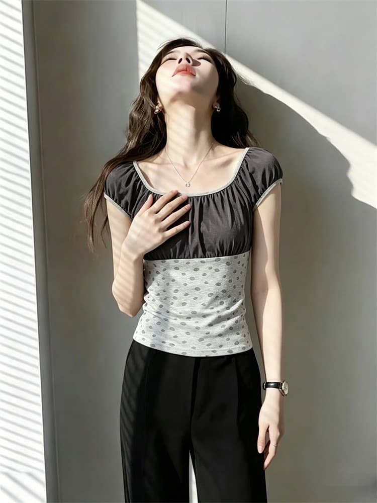 40 순면 한 부서 천년기 바람 딸기 패치워크 색상 티셔츠 반팔 여성 핫걸 거품 소매 짧은 맨위 상세 이미지 2