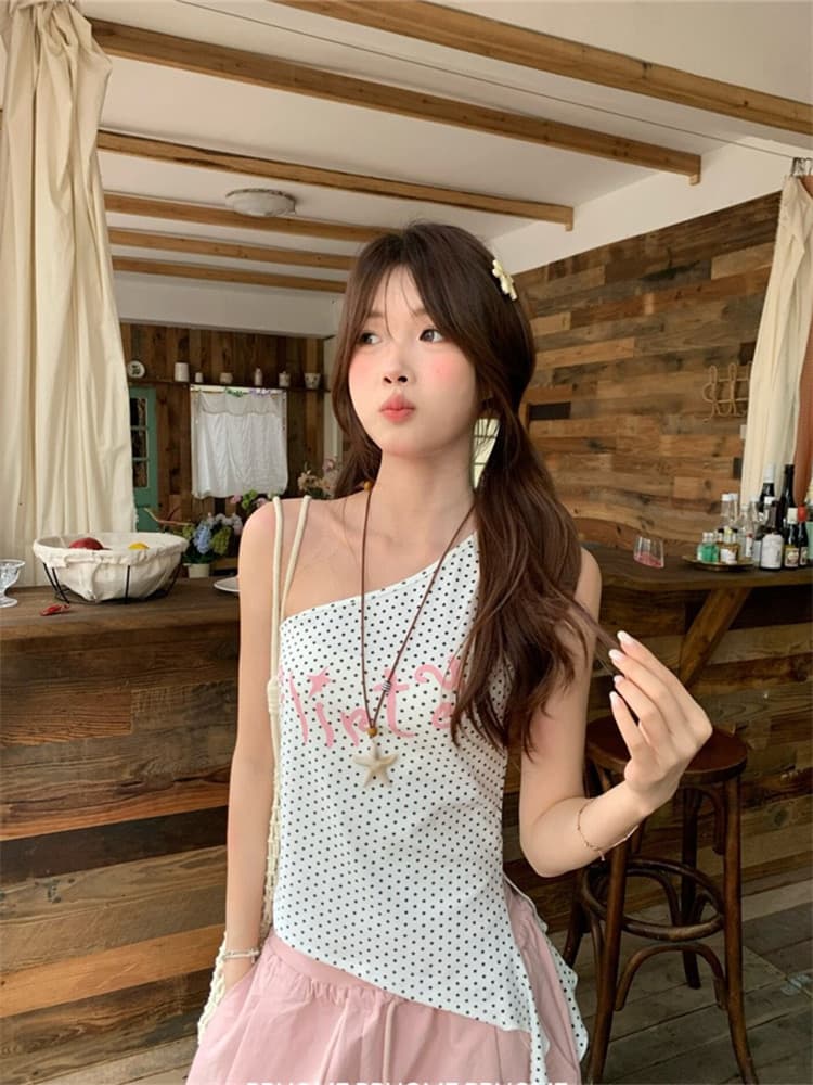 아름다운 라이 우아한 260 그램 달콤한 매운맛 시리즈 한 부서 도트 무늬 알파벳 리본 민소매 조끼 여성 여름 몸매 가꾸기 맨위 상세 이미지 3