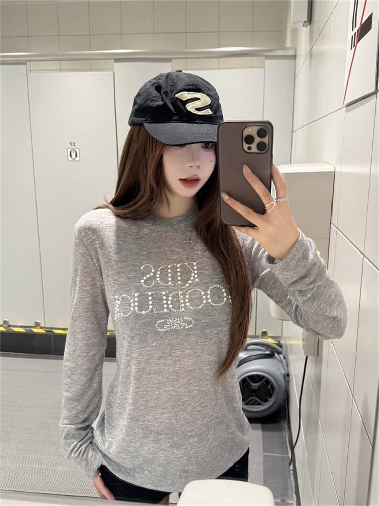 원본 원단 아메리칸 진주 핫픽스 긴팔 티셔츠 여성 이른 가을 몸매 가꾸기 얇은 스타일 자외선 차단 블라우스 가면 tee 맨위