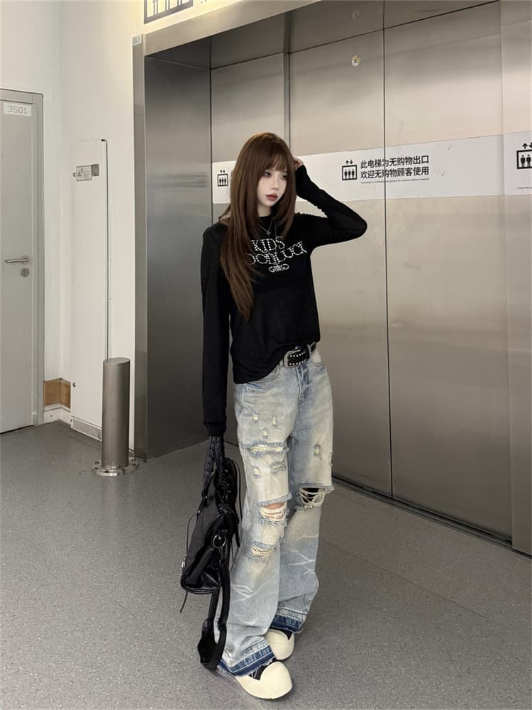 원본 원단 아메리칸 진주 핫픽스 긴팔 티셔츠 여성 이른 가을 몸매 가꾸기 얇은 스타일 자외선 차단 블라우스 가면 tee 맨위 이미지 2