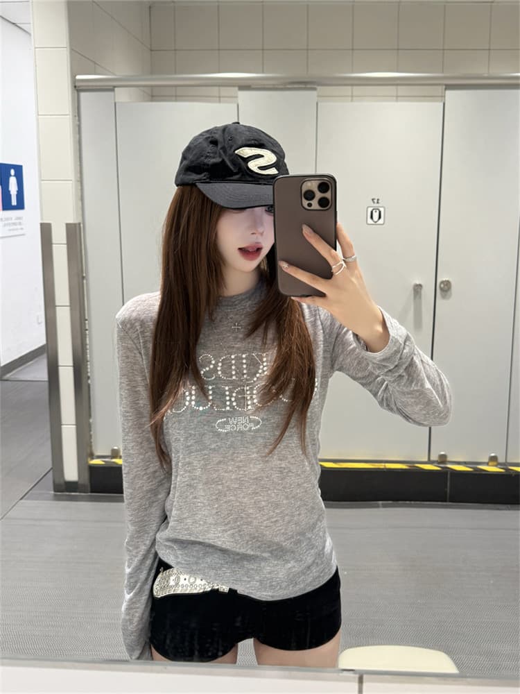 원본 원단 아메리칸 진주 핫픽스 긴팔 티셔츠 여성 이른 가을 몸매 가꾸기 얇은 스타일 자외선 차단 블라우스 가면 tee 맨위 상세 이미지 8