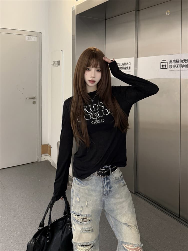 원본 원단 아메리칸 진주 핫픽스 긴팔 티셔츠 여성 이른 가을 몸매 가꾸기 얇은 스타일 자외선 차단 블라우스 가면 tee 맨위 상세 이미지 10