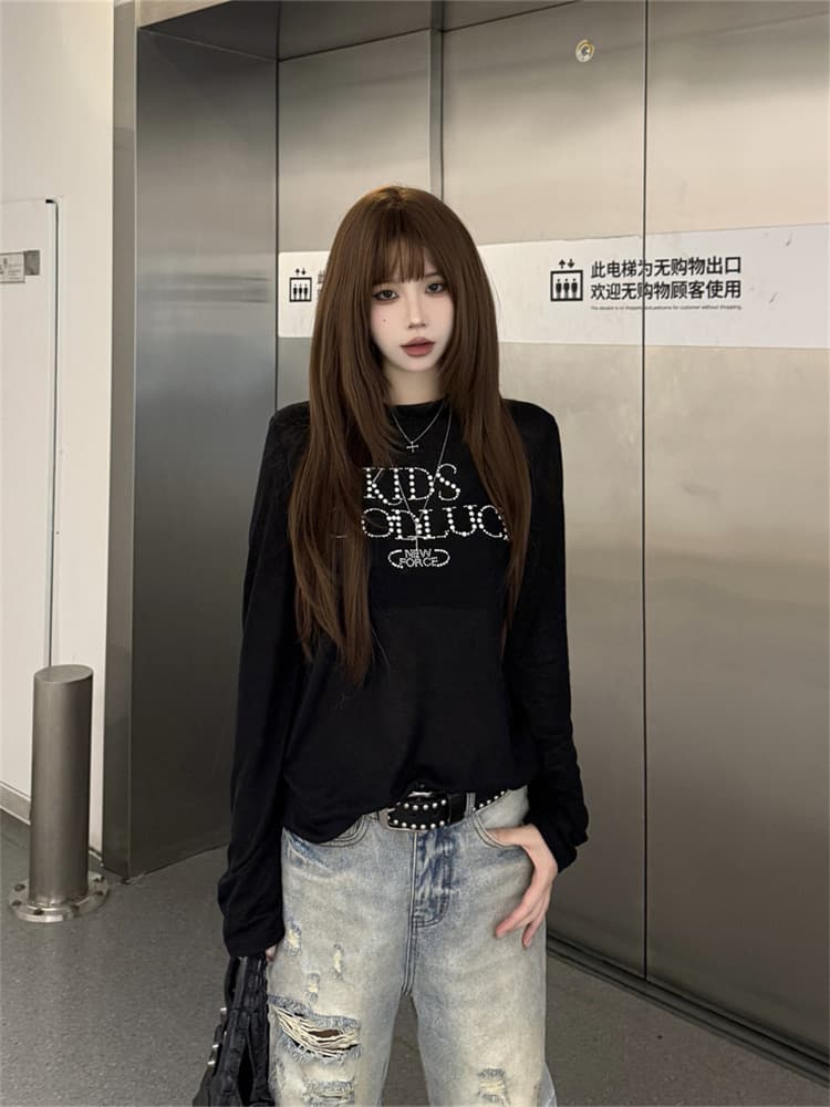 원본 원단 아메리칸 진주 핫픽스 긴팔 티셔츠 여성 이른 가을 몸매 가꾸기 얇은 스타일 자외선 차단 블라우스 가면 tee 맨위 상세 이미지 13