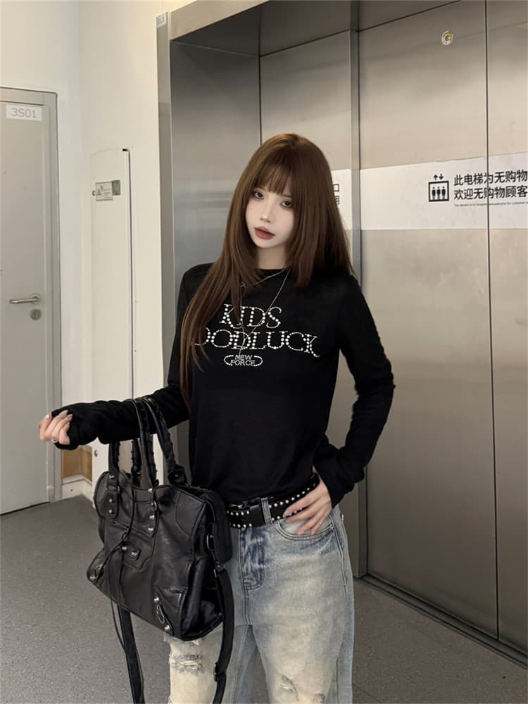 원본 원단 아메리칸 진주 핫픽스 긴팔 티셔츠 여성 이른 가을 몸매 가꾸기 얇은 스타일 자외선 차단 블라우스 가면 tee 맨위 상세 이미지 15
