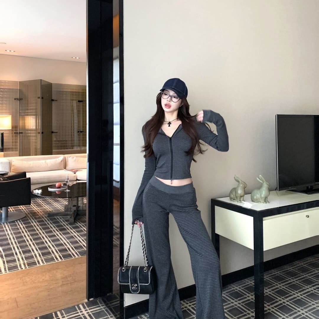 면 컬러 짜임 기사 한 부서 느긋한 바람 가을 캐주얼 세트 여성 후드 스트라이프 후드티 재킷 와이드 레그 팬츠 투피스 세트 상세 이미지 5