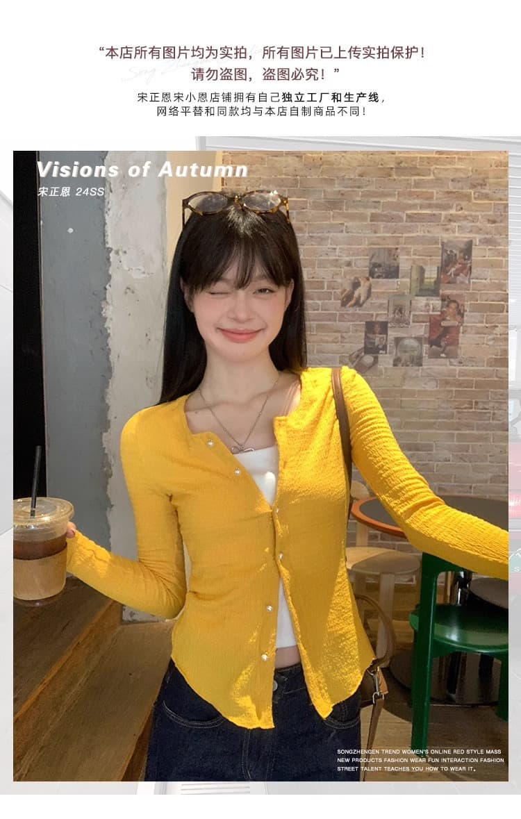 경관 그림 오픈 가디건 짧은 외투 여성 긴 소매 티셔츠 2026 봄 가을 새로운 얇은 라운드 넥 쇼트 스타일 몸매 가꾸기 기본 셔츠 맨위 상세 이미지 9