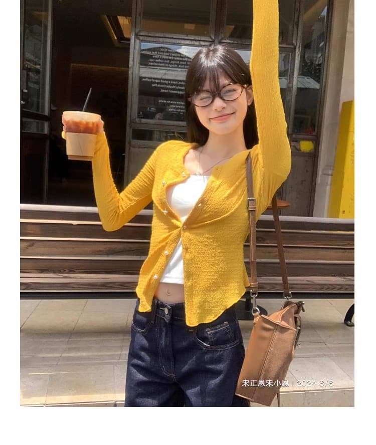 경관 그림 오픈 가디건 짧은 외투 여성 긴 소매 티셔츠 2026 봄 가을 새로운 얇은 라운드 넥 쇼트 스타일 몸매 가꾸기 기본 셔츠 맨위 상세 이미지 16
