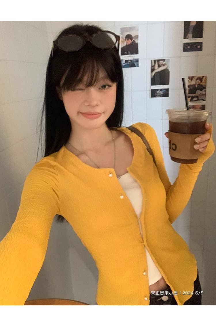 경관 그림 오픈 가디건 짧은 외투 여성 긴 소매 티셔츠 2026 봄 가을 새로운 얇은 라운드 넥 쇼트 스타일 몸매 가꾸기 기본 셔츠 맨위 상세 이미지 20