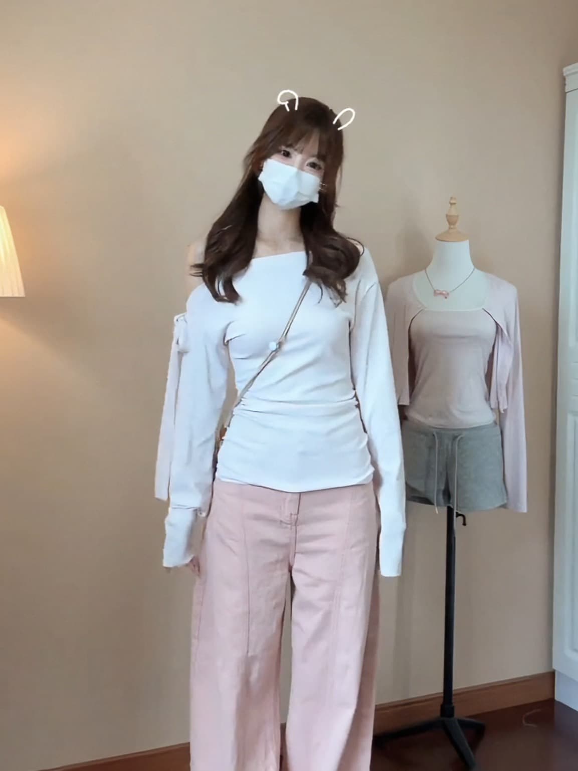 가을 한국 스타일 품격 비스듬한 어깨 배색 스트라이프 나비 매듭 스트랩 긴팔 만나는 티셔츠 여성 허리 수축 오프숄더 맨위 상세 이미지 7