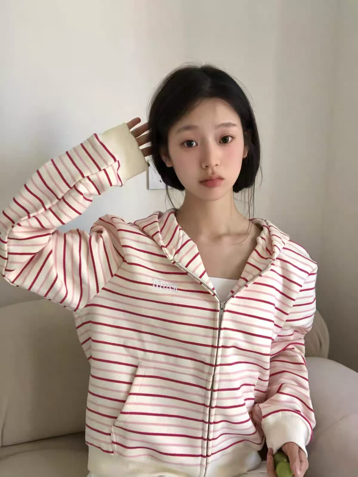 원본 원단 핑크색 스트라이프 오픈 가디건 후드티 여성 봄 가을 Chic 느긋한 바람 패치워크 색상 지퍼 후드 재킷 이미지 3
