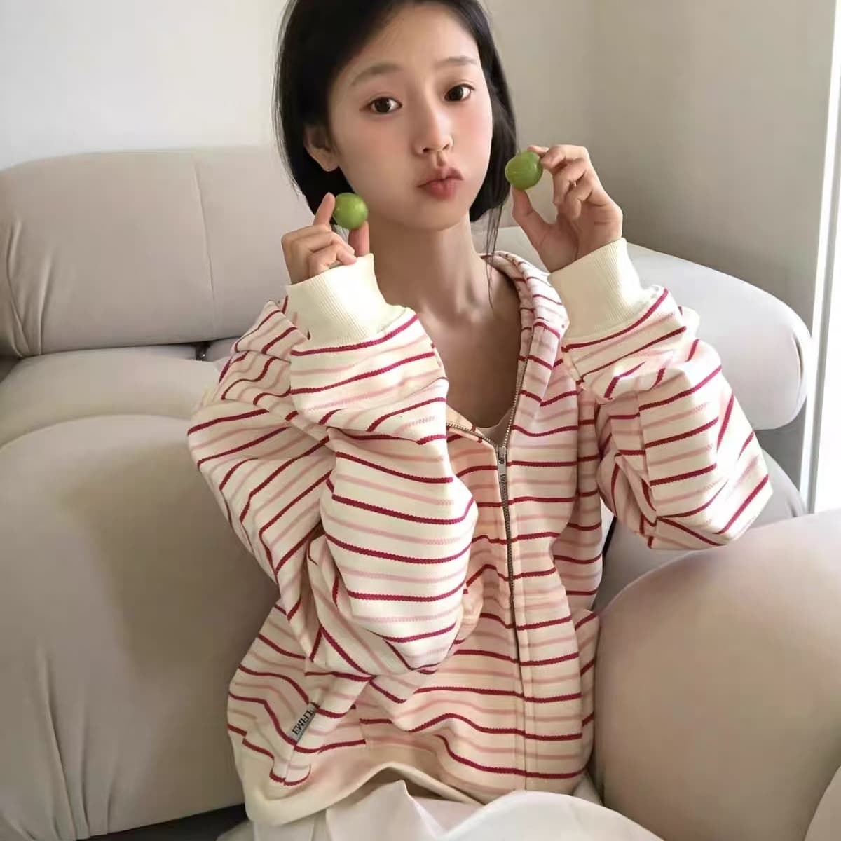 원본 원단 핑크색 스트라이프 오픈 가디건 후드티 여성 봄 가을 Chic 느긋한 바람 패치워크 색상 지퍼 후드 재킷 상세 이미지 3