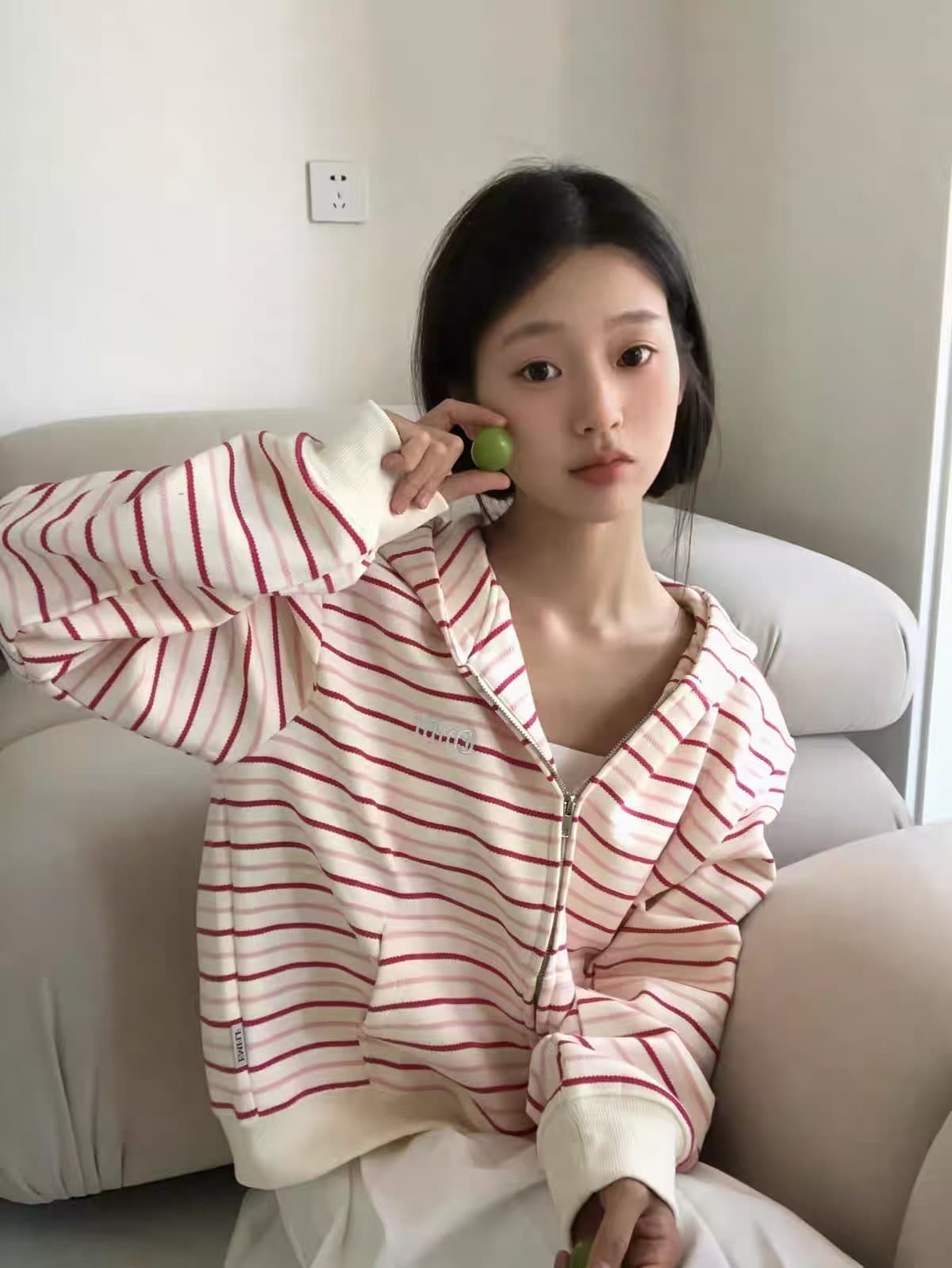 원본 원단 핑크색 스트라이프 오픈 가디건 후드티 여성 봄 가을 Chic 느긋한 바람 패치워크 색상 지퍼 후드 재킷 상세 이미지 6
