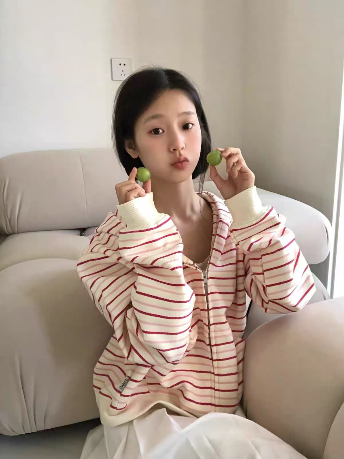 원본 원단 핑크색 스트라이프 오픈 가디건 후드티 여성 봄 가을 Chic 느긋한 바람 패치워크 색상 지퍼 후드 재킷 상세 이미지 7