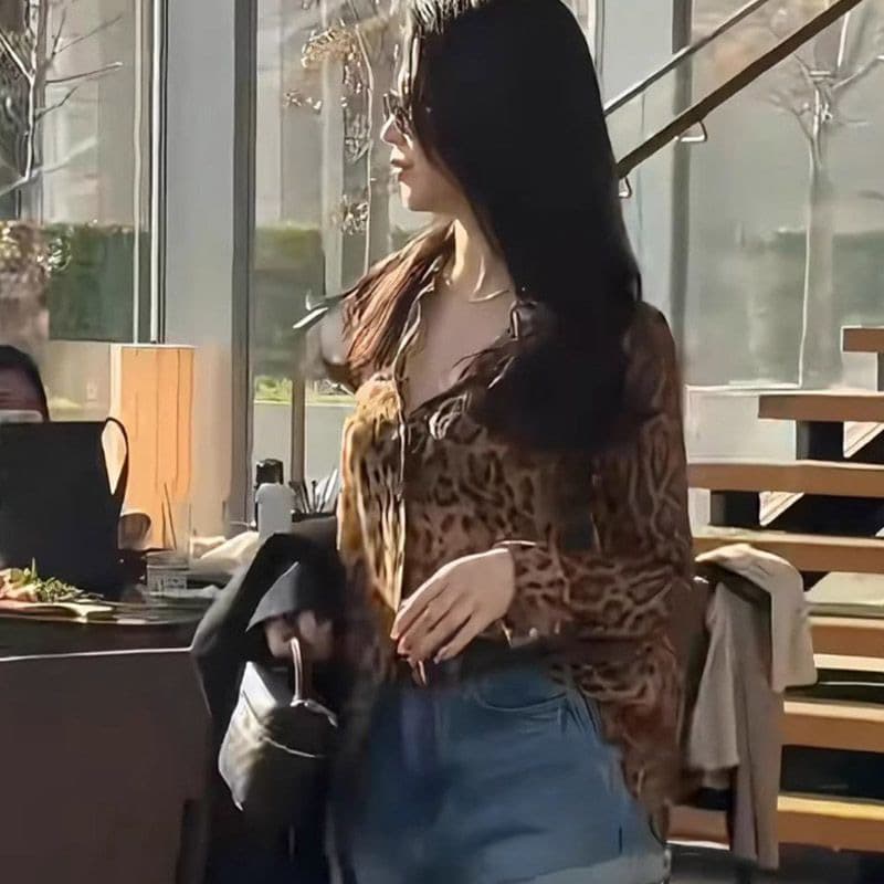 아름다운 봄 가을 태양 보호 셔츠 항구 바람 고급 센스 레오파드 무늬 쉬폰 긴팔 여성 셔츠 셔츠 마이크로 ~을 통해 의류