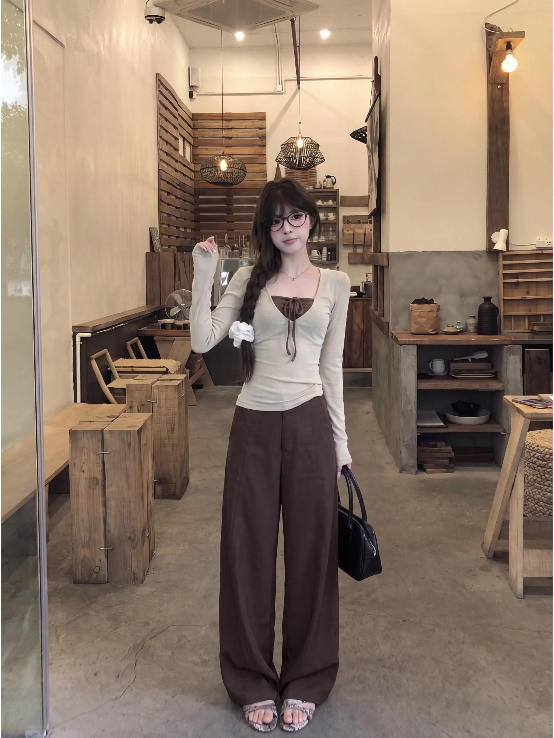 아름다운 200그램 사람들 면 솜씨 좋은 자동차 선 11 바늘 Chic 디자인 센스 페이크 레이어드 패치워크 긴팔 상세 이미지 4