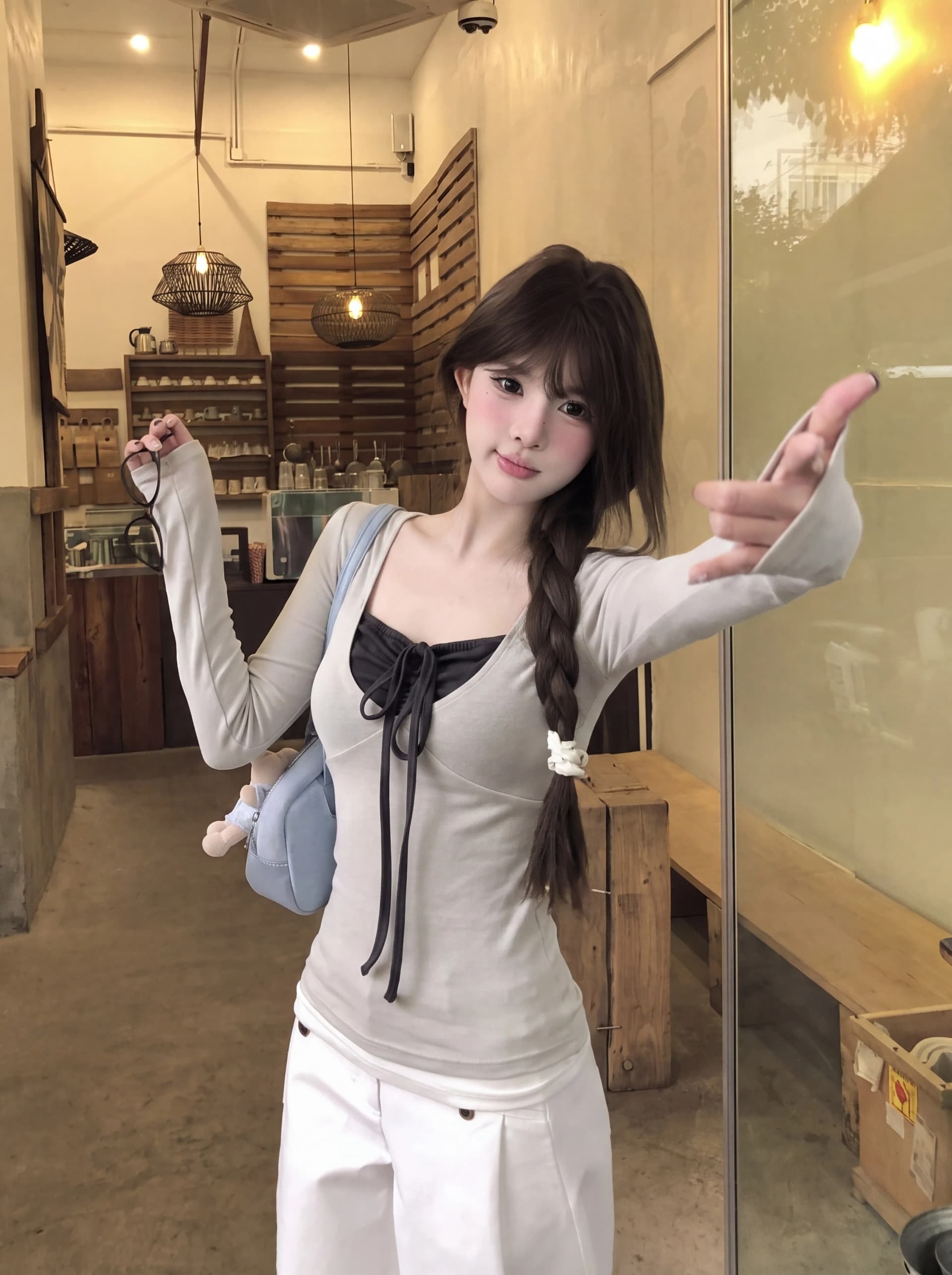 아름다운 200그램 사람들 면 솜씨 좋은 자동차 선 11 바늘 Chic 디자인 센스 페이크 레이어드 패치워크 긴팔 상세 이미지 5