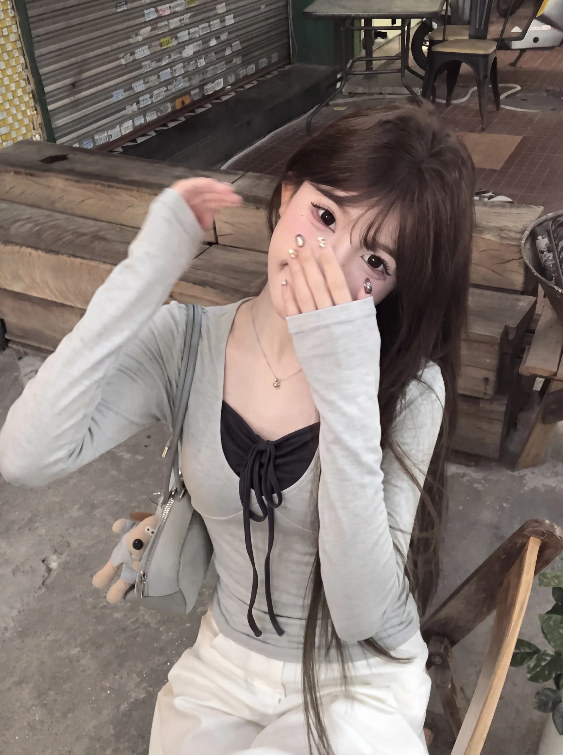 아름다운 200그램 사람들 면 솜씨 좋은 자동차 선 11 바늘 Chic 디자인 센스 페이크 레이어드 패치워크 긴팔 상세 이미지 6