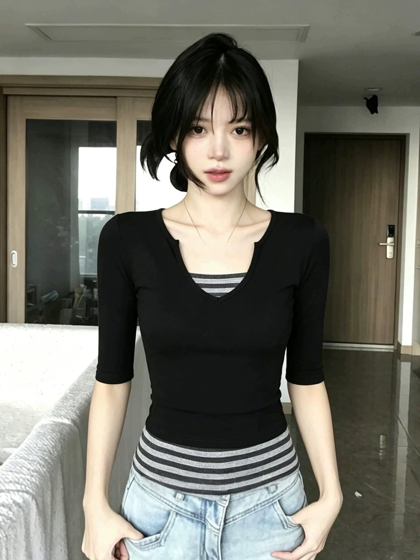 아름다운 의류 40 92 면 8 암모니아 Lun 210 그램 중간 소매 티셔츠 이미지 3