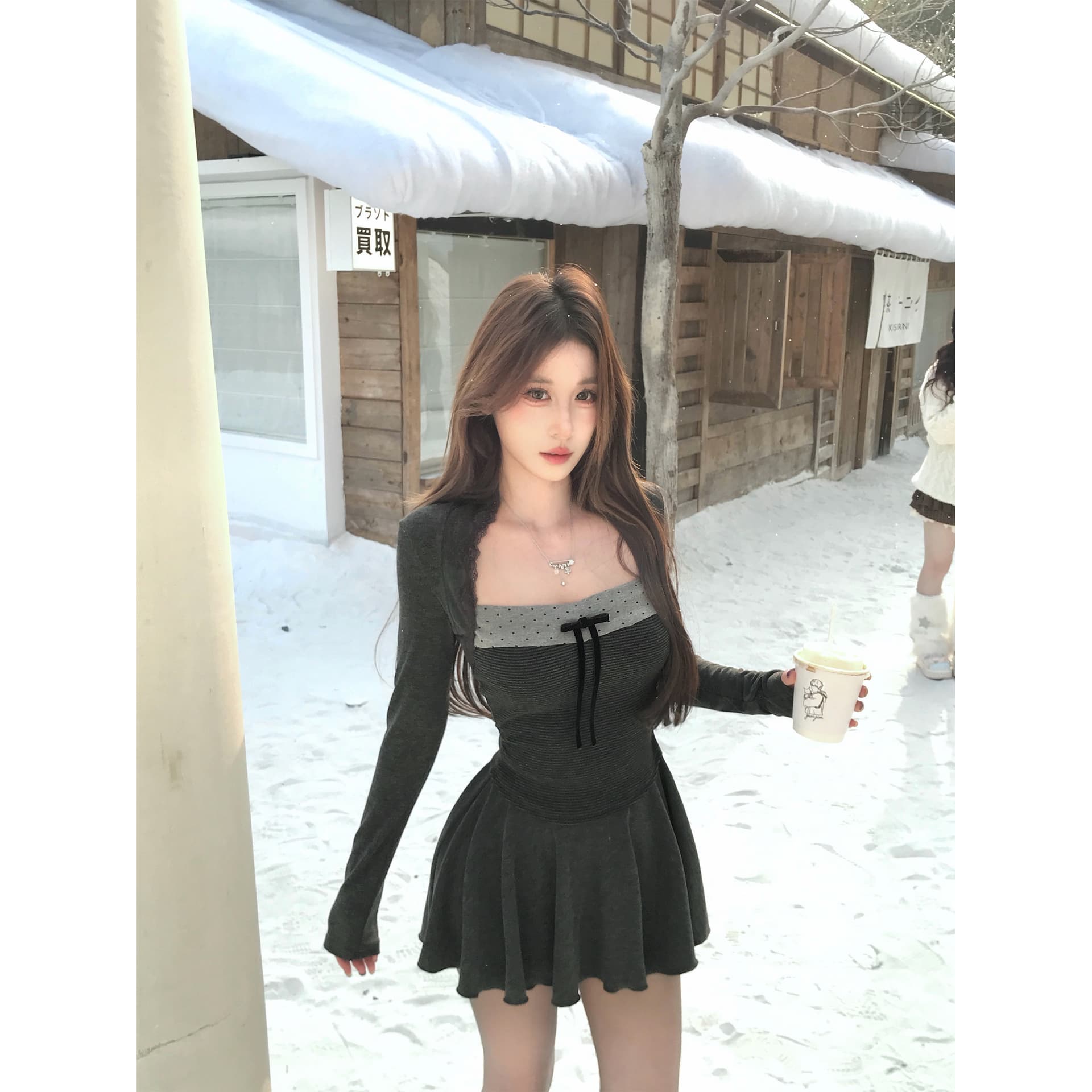 달콤한 매운맛 바람 니트 긴 소매 여성 드레스 페이크 레이어드 나비 매듭 허리 수축 A라인 스커트 디스플레이 몸 검정색 미니 스커트 이미지 3