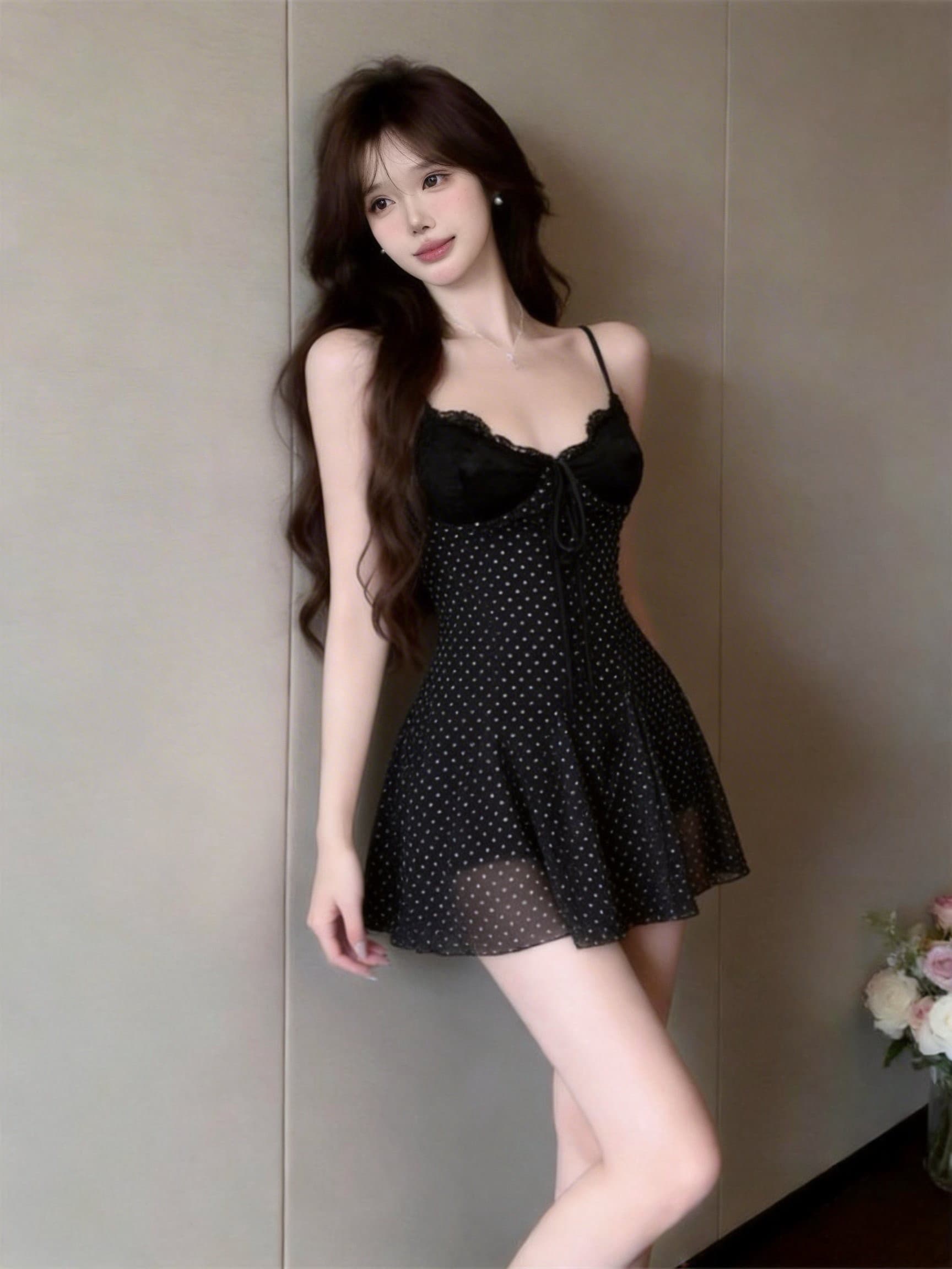 핫걸 섹시함 시스루 도트 무늬 프린트 슬립 작은 검은 드레스 낮은 가슴 V넥 몸매 가꾸기 슬림해 보이는 백리스 민소매 드레스 상세 이미지 12