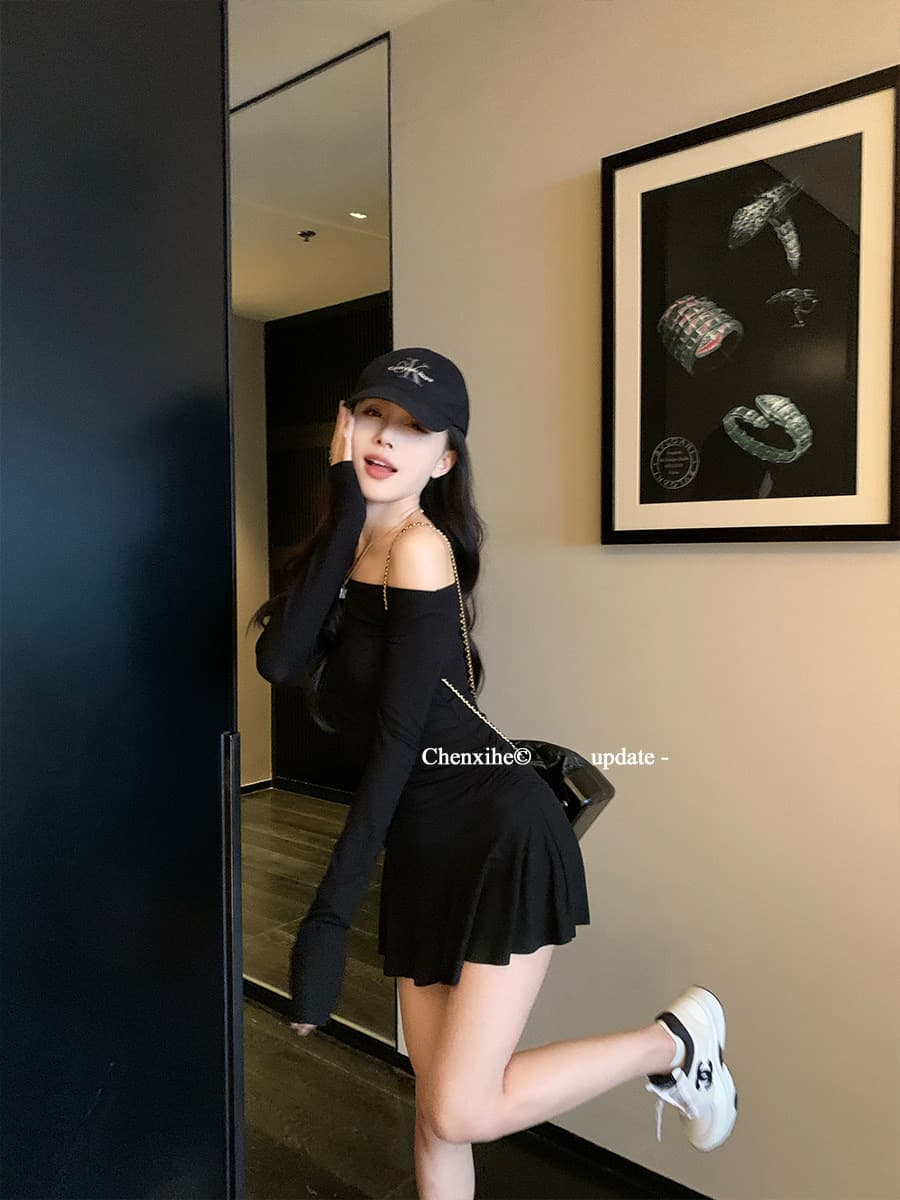 나팔 드레스 가을 핫걸 섹시함 품격 주름 몸매 가꾸기 새로운 긴팔 허리 수축 슬림해 보이는 미니 스커트 치마 이미지 2