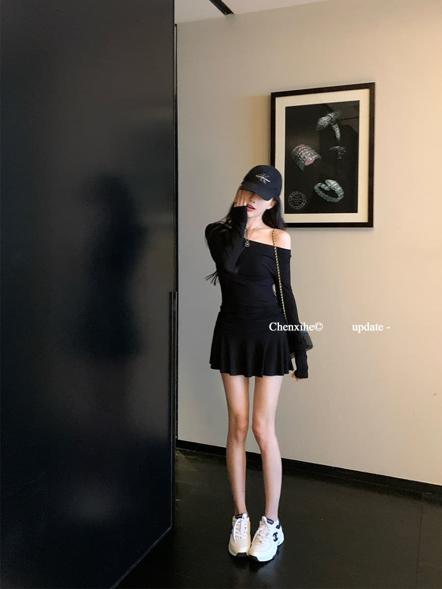 나팔 드레스 가을 핫걸 섹시함 품격 주름 몸매 가꾸기 새로운 긴팔 허리 수축 슬림해 보이는 미니 스커트 치마 이미지 4