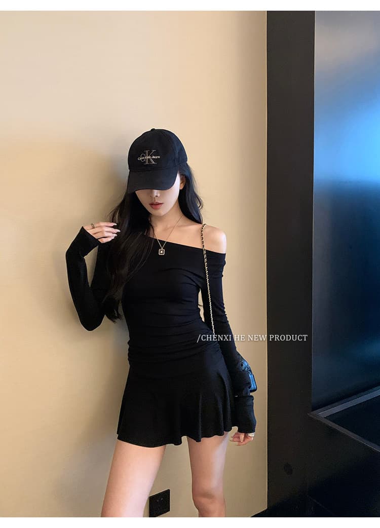나팔 드레스 가을 핫걸 섹시함 품격 주름 몸매 가꾸기 새로운 긴팔 허리 수축 슬림해 보이는 미니 스커트 치마 상세 이미지 4