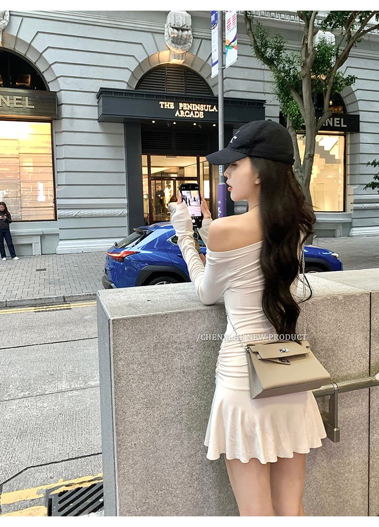 나팔 드레스 가을 핫걸 섹시함 품격 주름 몸매 가꾸기 새로운 긴팔 허리 수축 슬림해 보이는 미니 스커트 치마 상세 이미지 11