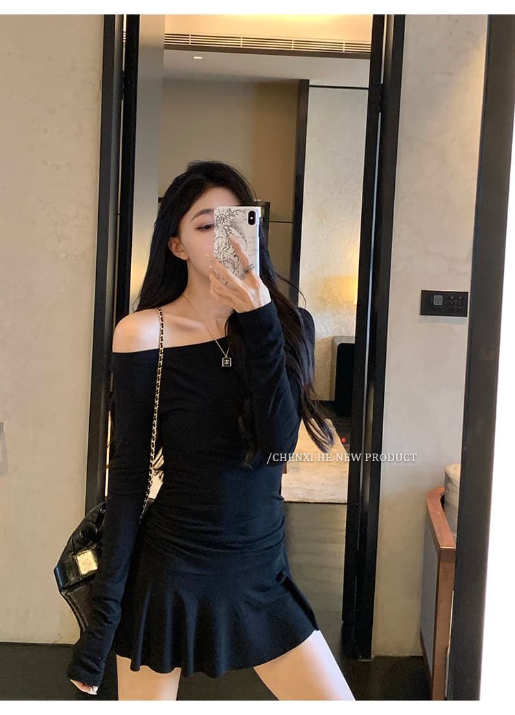 나팔 드레스 가을 핫걸 섹시함 품격 주름 몸매 가꾸기 새로운 긴팔 허리 수축 슬림해 보이는 미니 스커트 치마 상세 이미지 13