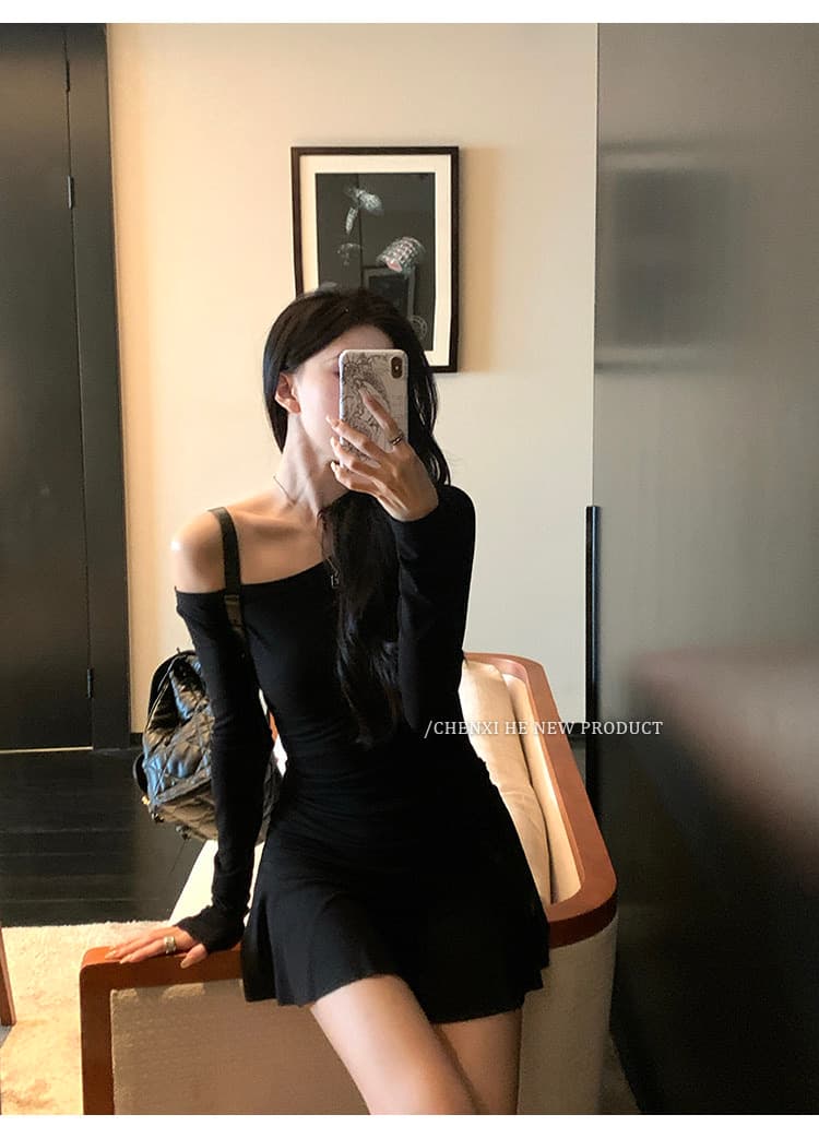 나팔 드레스 가을 핫걸 섹시함 품격 주름 몸매 가꾸기 새로운 긴팔 허리 수축 슬림해 보이는 미니 스커트 치마 상세 이미지 14