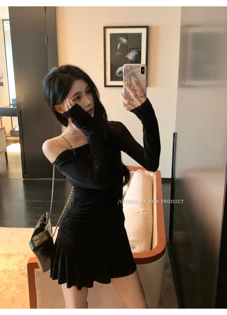 나팔 드레스 가을 핫걸 섹시함 품격 주름 몸매 가꾸기 새로운 긴팔 허리 수축 슬림해 보이는 미니 스커트 치마 상세 이미지 16